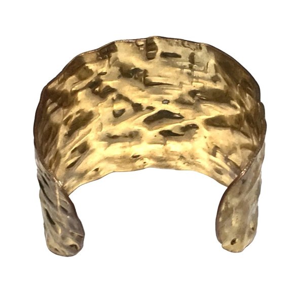 Handmade Gold Tone Steel Brutalist Modernist Wide Cuff Bracelet Unique Artisan - Picture 6 of 8